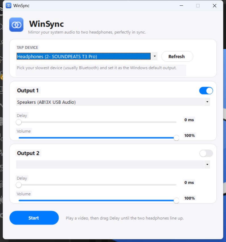 WinSync application window showing tap device selection and two output rows with delay and volume sliders